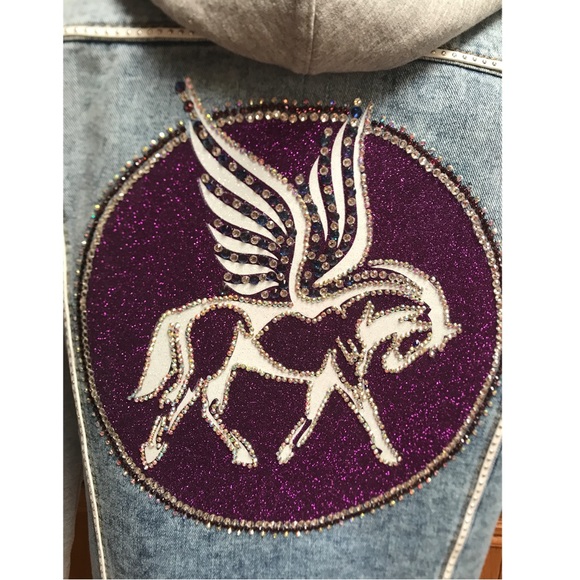 Pegasus Embellished Jean Jacket Hooded Sweatshirt - Picture 3 of 7